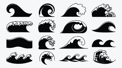 Set of different stylized black sea waves vector illustration graphic