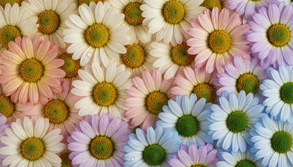 A Colorful Tapestry of Daisy Flowers in Pastel Hues Featuring Yellow Centers and Delicate Petals with Water Droplets in Soft Lighting