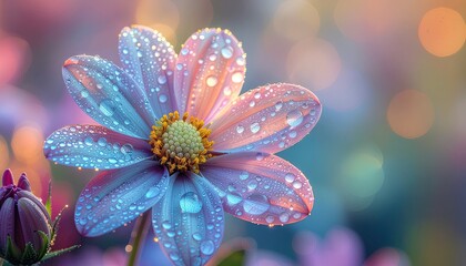 Close up of a dew covered pale blue and pink cosmos flower with a soft focus bokeh background during golden hour sunlight