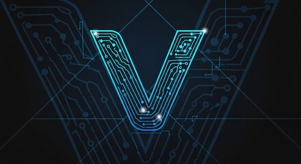 A glowing blue letter v with circuit board design on a dark blue background with circuit patterns