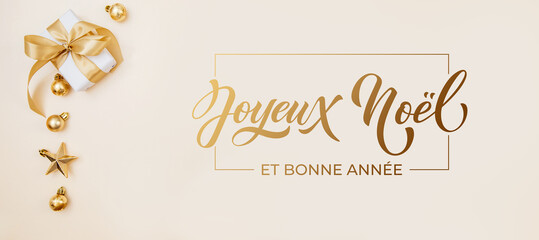 Joyeux noel and Bonee Annee. French Merry Christmas Modern calligraphy lettering on sticker for season greetings. Greeting card, frame, and banner. Holidays design.