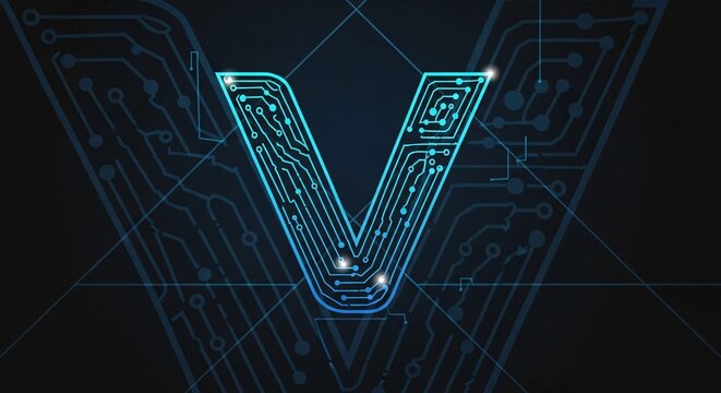 A glowing blue letter v with circuit board design on a dark blue background with circuit patterns