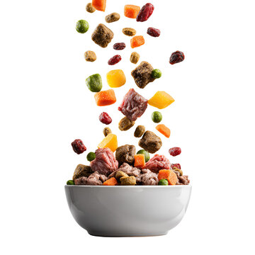 Healthy dog food ingredients falling into bowl isolated on white background