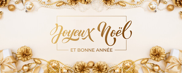 Joyeux noel and Bonee Annee. French Merry Christmas Modern calligraphy lettering on sticker for season greetings. Greeting card, frame, and banner. Holidays design.