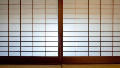 Interior View Of A Japanese Shoji Screen Room With Translucent Paper Panels Divided By Wooden Frames And Soft Diffused Light