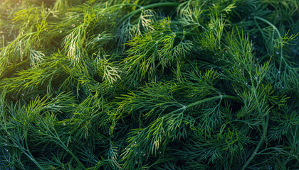 Fresh Green Dill Herb With Water Droplets Gleaming In Soft Morning Sunlight