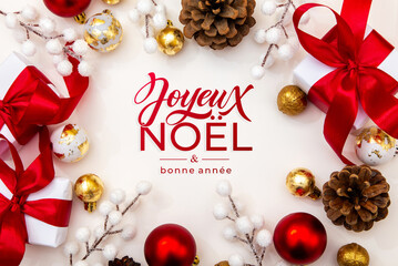 Joyeux noel and Bonee Annee. French Merry Christmas Modern calligraphy lettering on sticker for season greetings. Greeting card, frame, and banner. Holidays design.