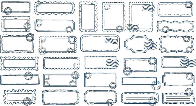 Collection of Various Hand Drawn Postage Stamp Frames and Mailing Labels