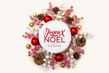 Joyeux noel and Bonee Annee. French Merry Christmas Modern calligraphy lettering on sticker for season greetings. Greeting card, frame, and banner. Holidays design.