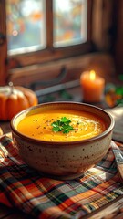 Warm Autumnal Soup Bowl on Wooden Table beside Pumpkin and Lit Candle with Window Backdrop