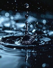Water Droplet Impact and Splash Macro Photography in Dark Blue Tones