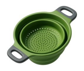 Collapsible plastic colander, perfect for saving space in compact kitchens.