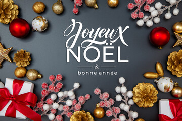 Joyeux noel and Bonee Annee. French Merry Christmas Modern calligraphy lettering on sticker for season greetings. Greeting card, frame, and banner. Holidays design.