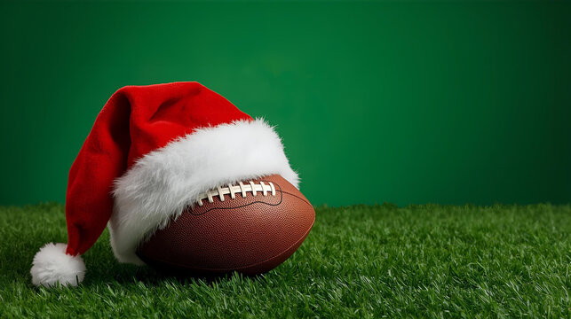 Brown Leather football with a christmas santa claus red hat on green background with grass ai - Powered by Adobe