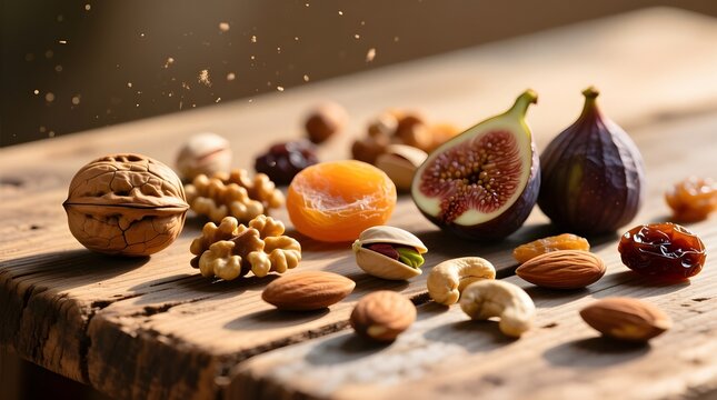 Ultra-Detailed Mixed Dry Fruits on Rustic Wooden Table in Warm Cinematic Light