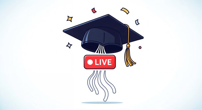 Graduation Cap with LIVE Streaming Icon: Online Commencement, Virtual Ceremony, or E-Learning Event