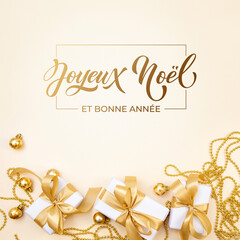 Joyeux noel and Bonee Annee. French Merry Christmas Modern calligraphy lettering on sticker for season greetings. Greeting card, frame, and banner. Holidays design.