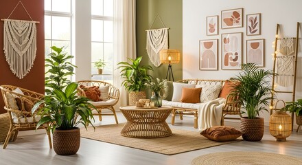 Boho living room with natural rattan furniture and houseplants