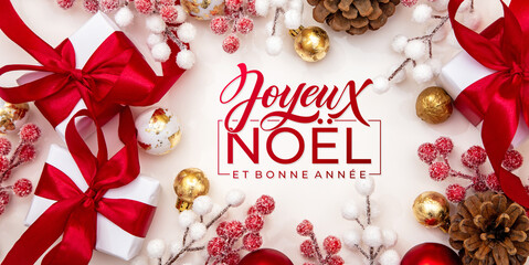 Joyeux noel and Bonee Annee. French Merry Christmas Modern calligraphy lettering on sticker for season greetings. Greeting card, frame, and banner. Holidays design.
