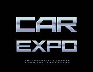 Vector Techno logo Auto Expo. Modern Metallic Font. Cool Silver Alphabet Letters and Numbers set.