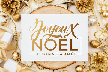 Joyeux noel and Bonee Annee. French Merry Christmas Modern calligraphy lettering on sticker for season greetings. Greeting card, frame, and banner. Holidays design.