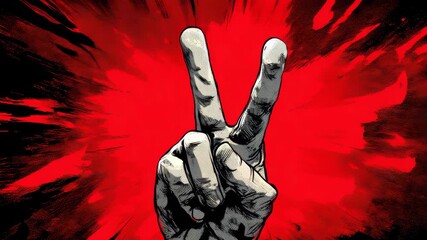 Monochrome hand displaying peace gesture on vivid red background - Powered by Adobe