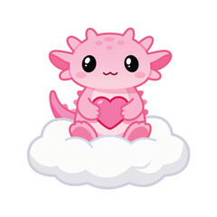 Pink Axolotl Holding a Heart sitting on a Cloud