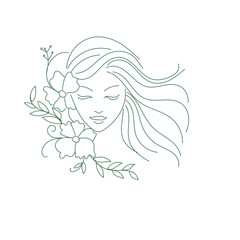 Elegant Woman Face Line Art with Flowing Hair and Flowers