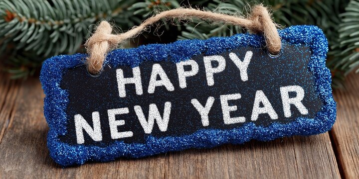 A blue glittery wooden sign with the words Happy New Year written on it hanging from twine and placed on an old wooden table with pine branches in the background