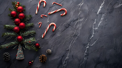 Christmas Card - Loading Concept - Tree And Candy Canes On Black Stone 