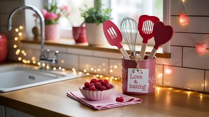Festive kitchen counter adorned with heart shaped spatulas fresh raspberries in a pink bowl and twinkling fairy lights creating a warm ambiance