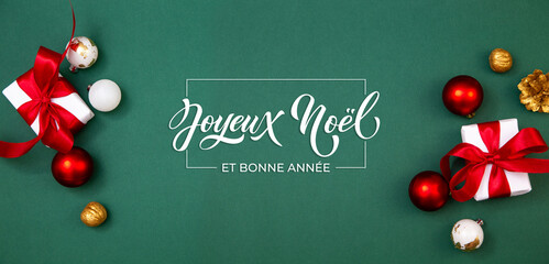 Joyeux noel and Bonee Annee. French Merry Christmas Modern calligraphy lettering on sticker for season greetings. Greeting card, frame, and banner. Holidays design.