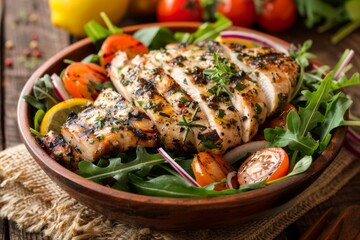 Grilled chicken salad with fresh vegetables and herbs