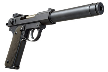 Silenced pistol, matte dark gray, small suppressor attached, clean cutout PNG