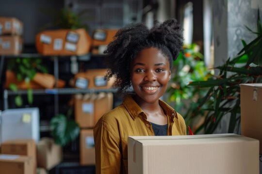 Young woman smiling while working in a storage area