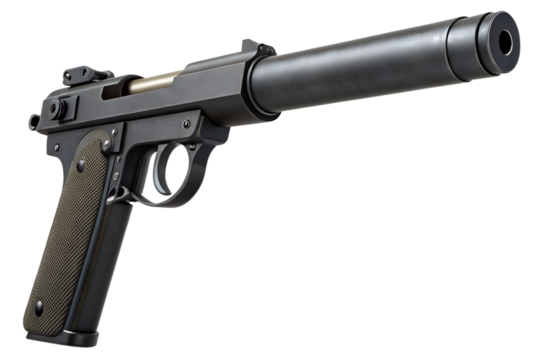 Silenced pistol, matte dark gray, small suppressor attached, clean cutout PNG