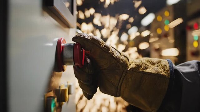 Closeup of Industrial Control Panel with Red Emergency Stop Button and Indicator Lights