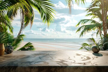 Fototapeta premium Scenic beach view with palm trees and tranquil ocean