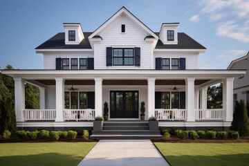 Modern family home with a welcoming porch and green lawn