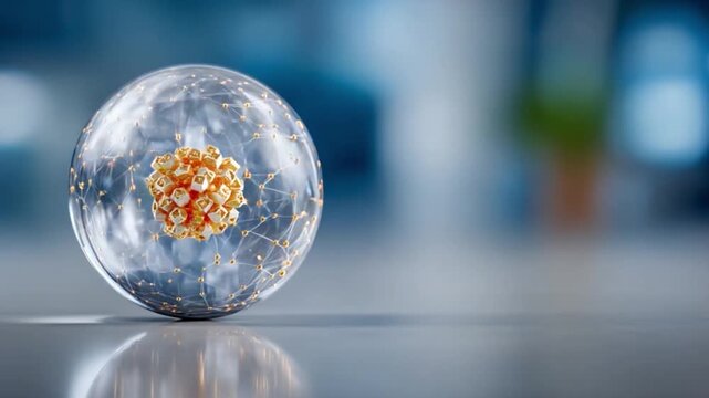 Protective Enclosure of Scientific Marvel: A close-up view presents a unique object encased within a transparent sphere, accompanied by a dynamic network of interconnected nodes against a subtle.