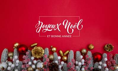 Joyeux noel and Bonee Annee. French Merry Christmas Modern calligraphy lettering on sticker for season greetings. Greeting card, frame, and banner. Holidays design.