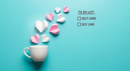 A cup of selfcare with hearts and a todo list on a blue background