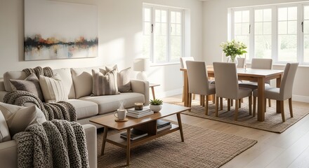 Bright modern open-plan living and dining room interior home