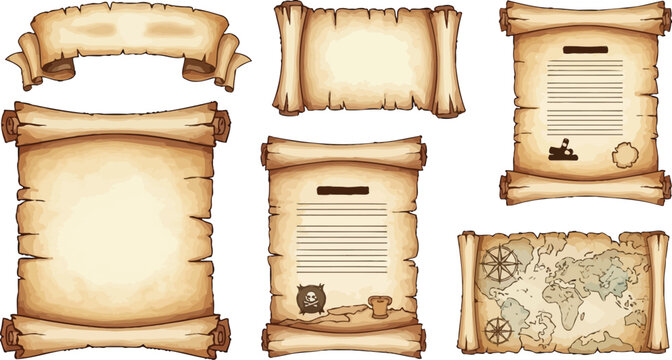 Collection of antique scroll illustrations for design purposes, pirate themed elements