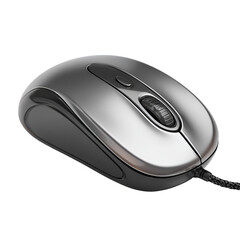 A silver wired computer mouse on a white background
