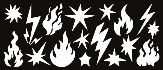 Bold comic-style flame, lightning, and star silhouettes in a dynamic graphic set. High-contrast shapes perfect for energetic designs and creative effects. Ideal for posters, stickers, and digital art.