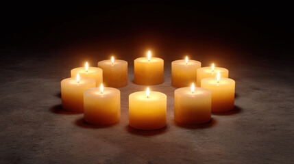 Rustic meditation scene with circle of glowing candle lights creating warm and peaceful atmosphere in dark
