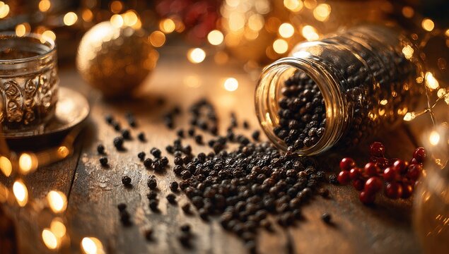 Black peppercorns spilled from a glass jar, festive holiday lights and ornaments in the background - Powered by Adobe