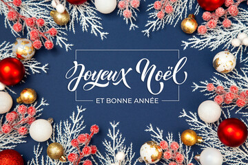 Joyeux noel and Bonee Annee. French Merry Christmas Modern calligraphy lettering on sticker for season greetings. Greeting card, frame, and banner. Holidays design.