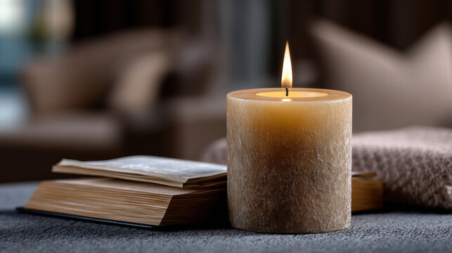 Rustic candle in prayer setting creates warm peaceful atmosphere with soft light and open book